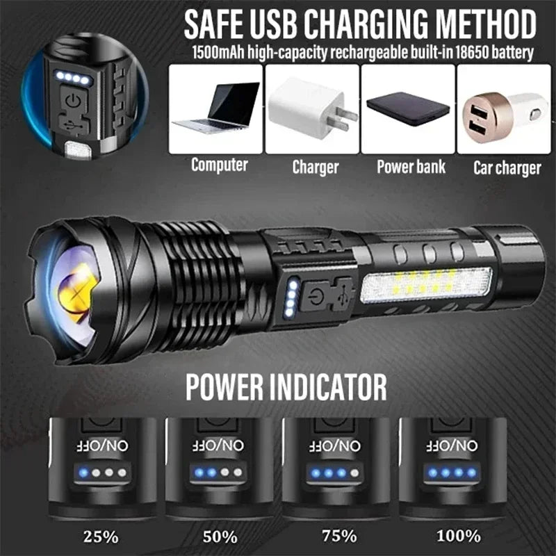 Rechargeable LED Flashlight Zoomable Torch COB Side Led 7 Modes Waterproof High Power, Outdoor
