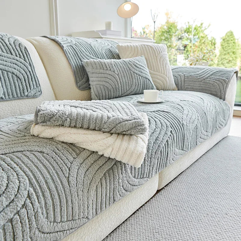 Wave Striped Sofa Cover, Solid Colors, Non-Slip Thicken Plush,