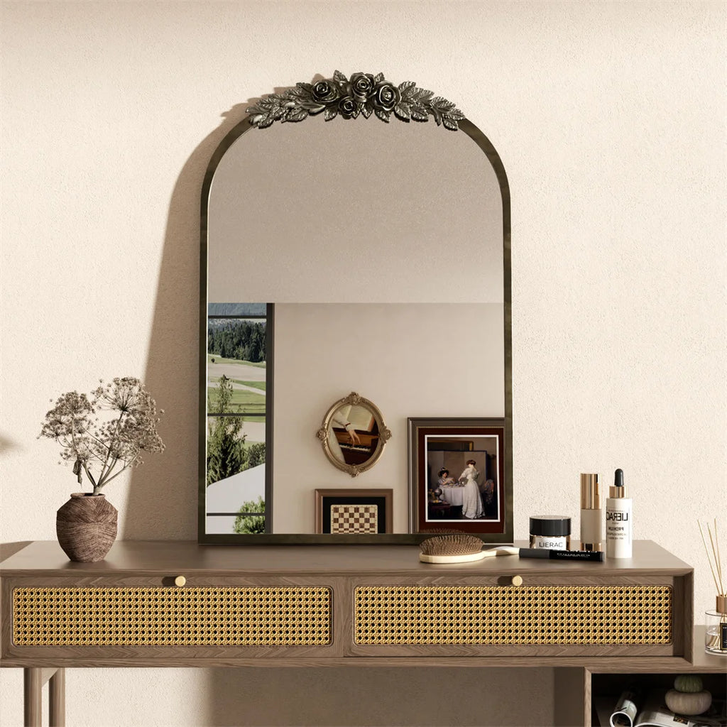 Arched Antique Brass Wall Mirror, Pretty on Mantel, Entryway