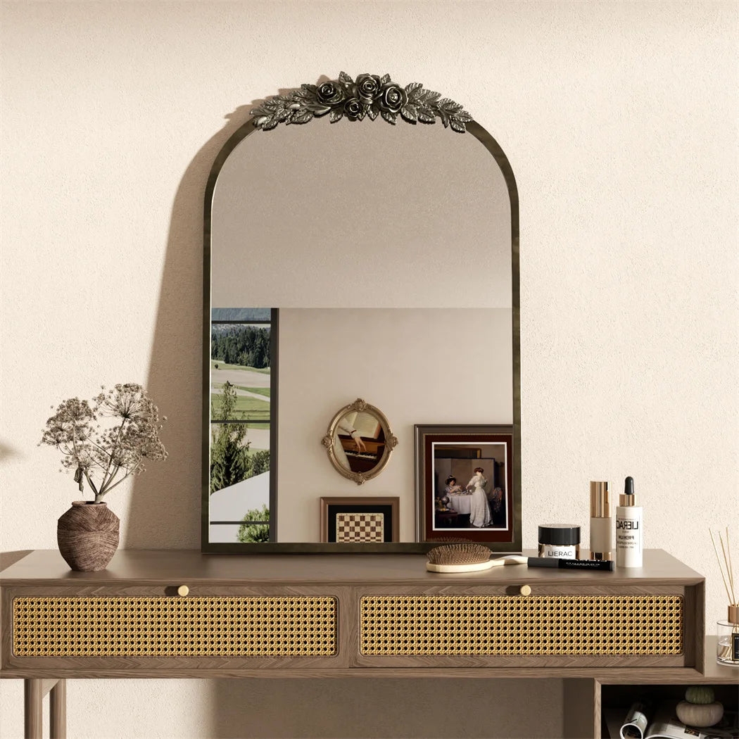 Arched Antique Brass Wall Mirror, Pretty on Mantel, Entryway