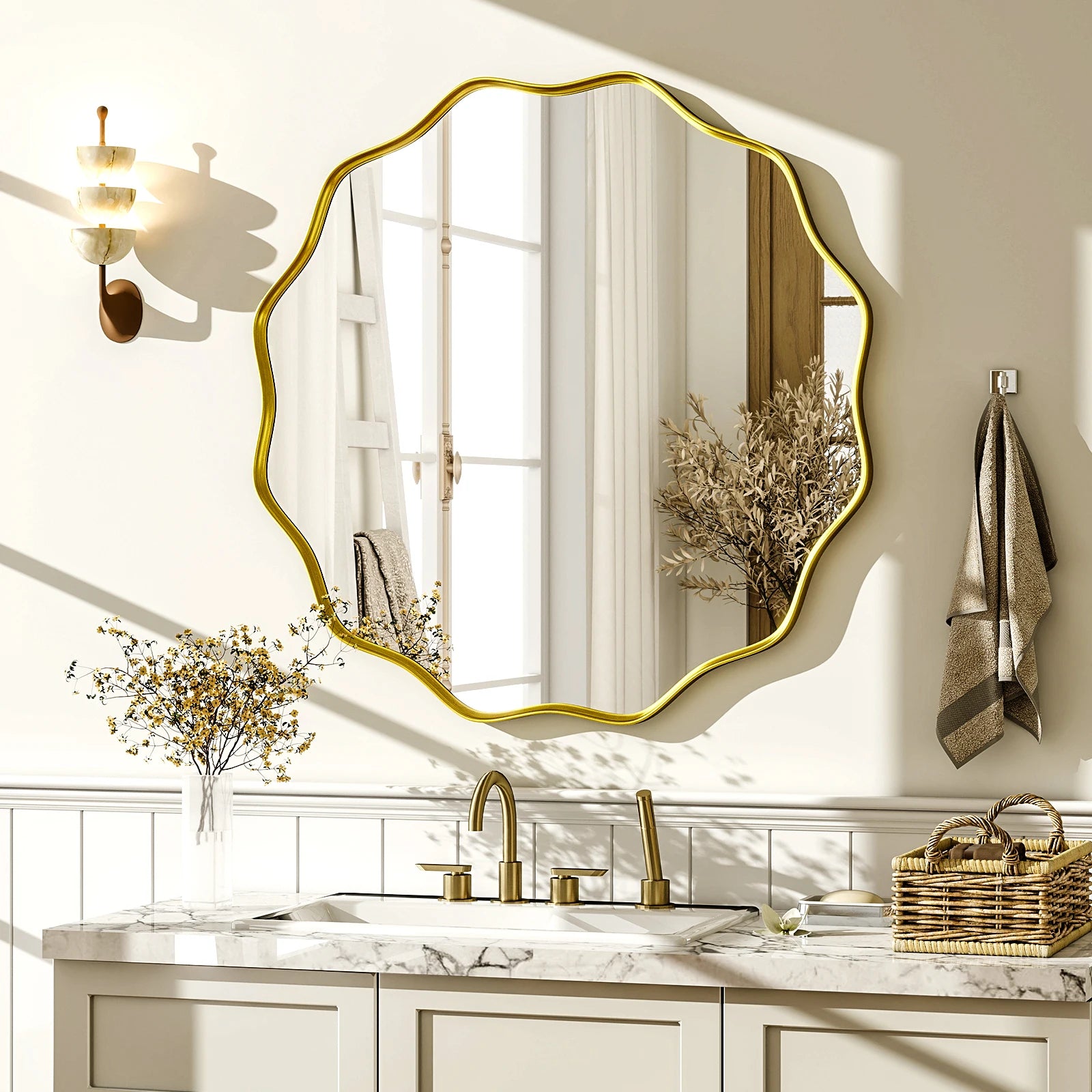 Wavy Round Mirror Decorative Wall Mirror with Deep Frame