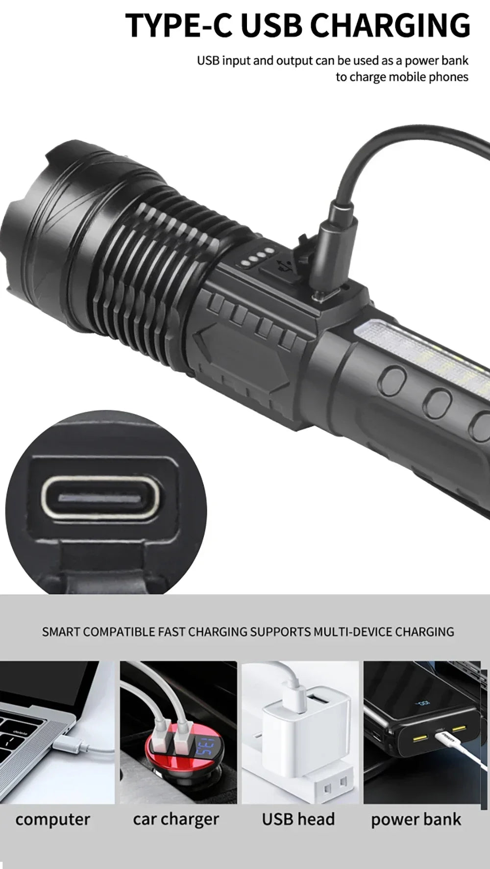 Rechargeable LED Flashlight Zoomable Torch COB Side Led 7 Modes Waterproof High Power, Outdoor