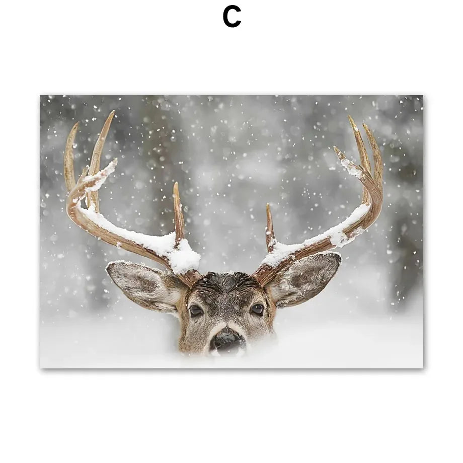 Wall Art Canvas Winter Snow House, Pine Tree, Reindeer