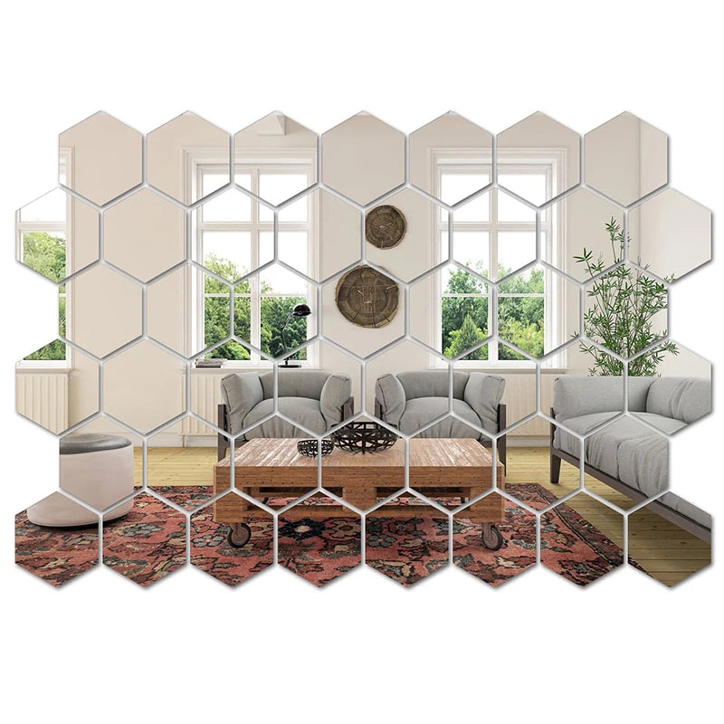45 PCS Mirror Wall Stickers, Hexagon, Decorative