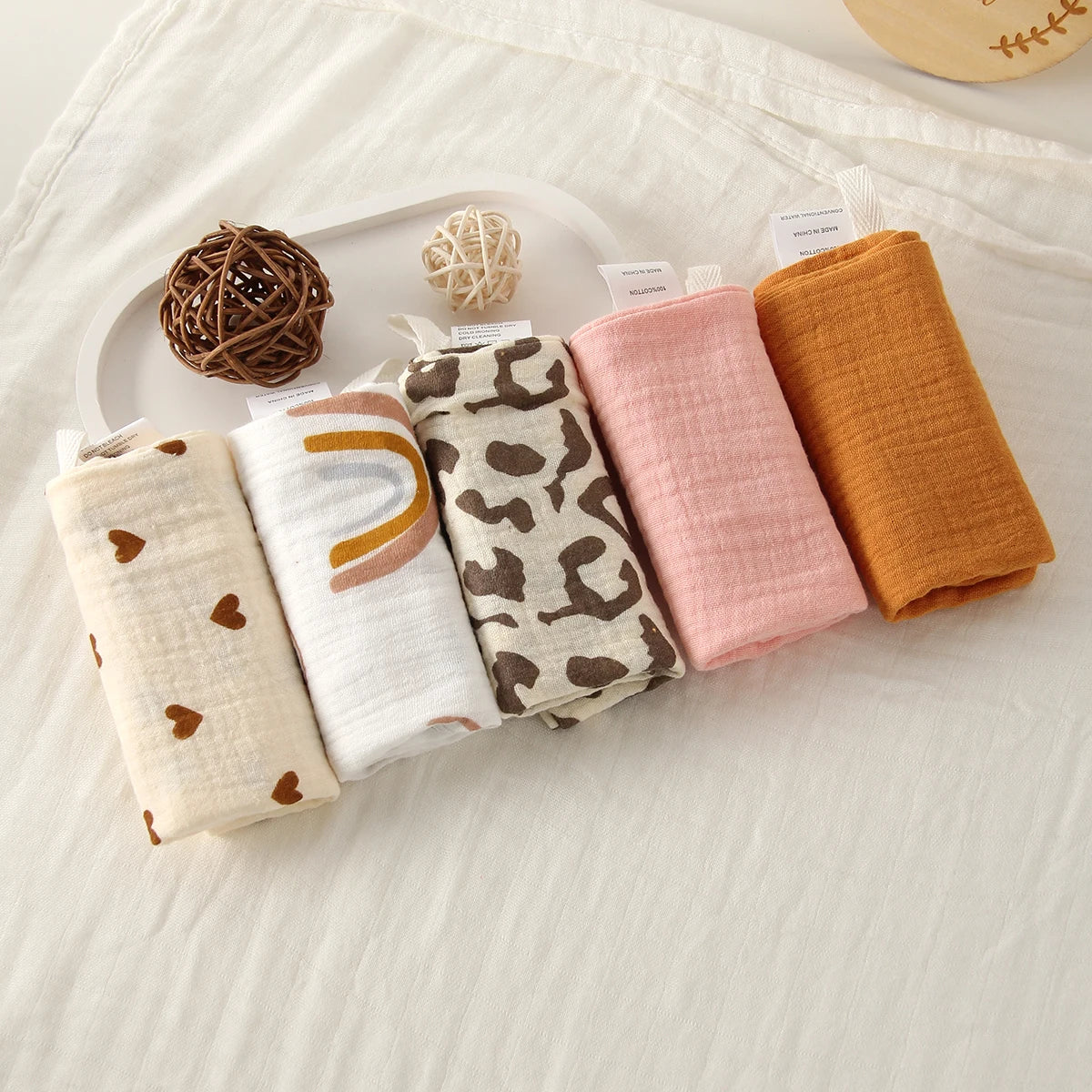 5 Baby Washcloths, Newborn Burp Cloth, Square Towels, 6 Layers Pure Cotton
