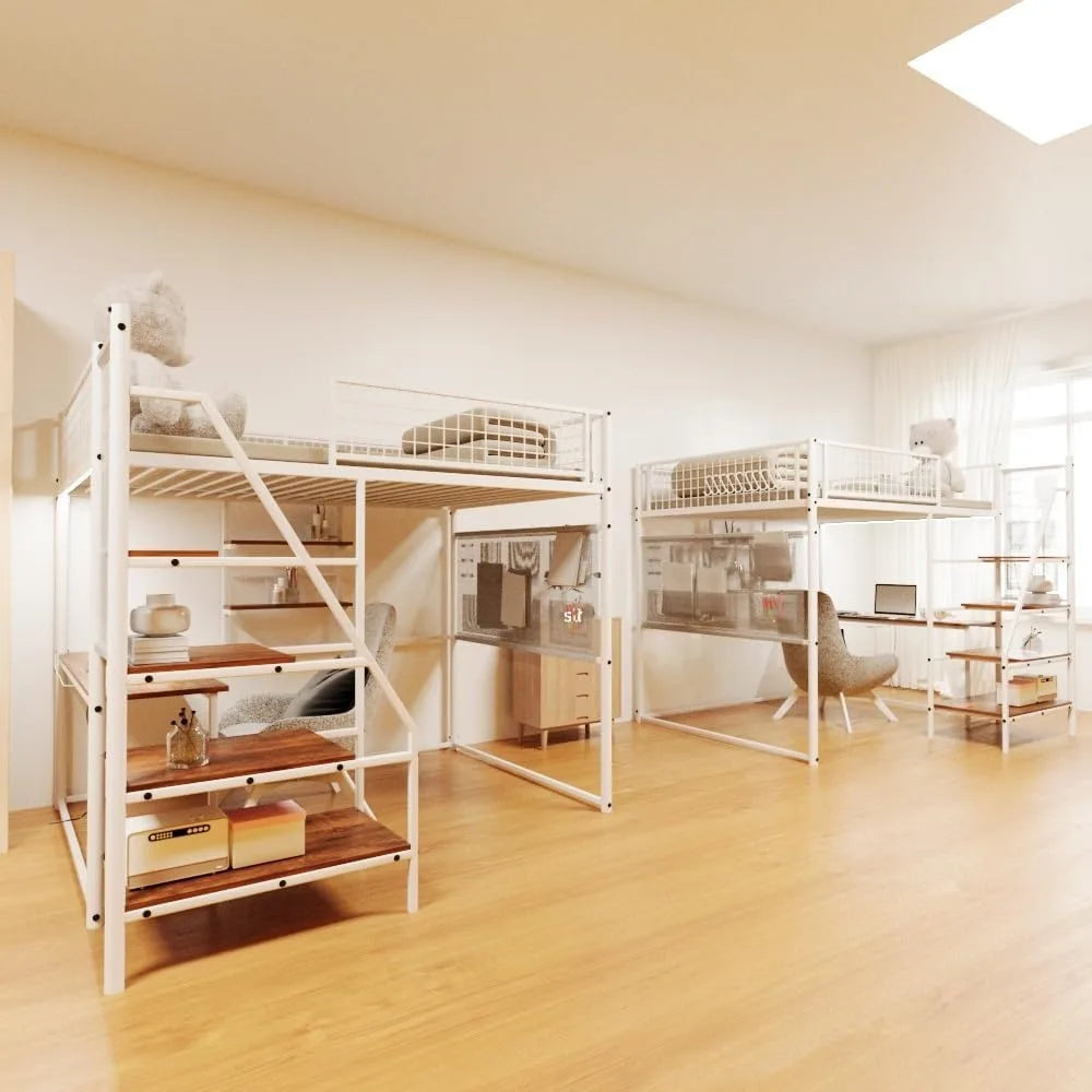 Metal Loft Bed Full Size, Metal frame, Staircase, Charging Station, LED lighting