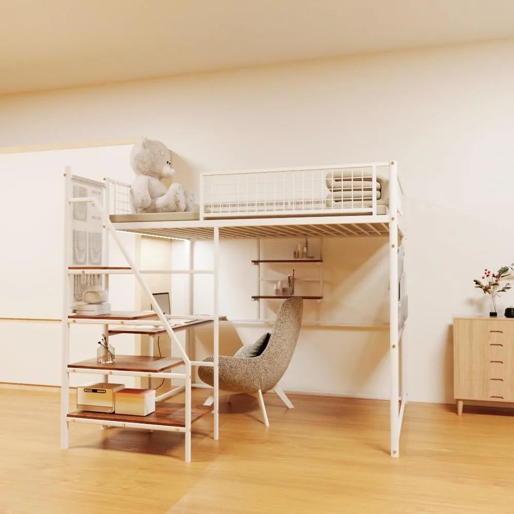 Metal Loft Bed Full Size, Metal frame, Staircase, Charging Station, LED lighting