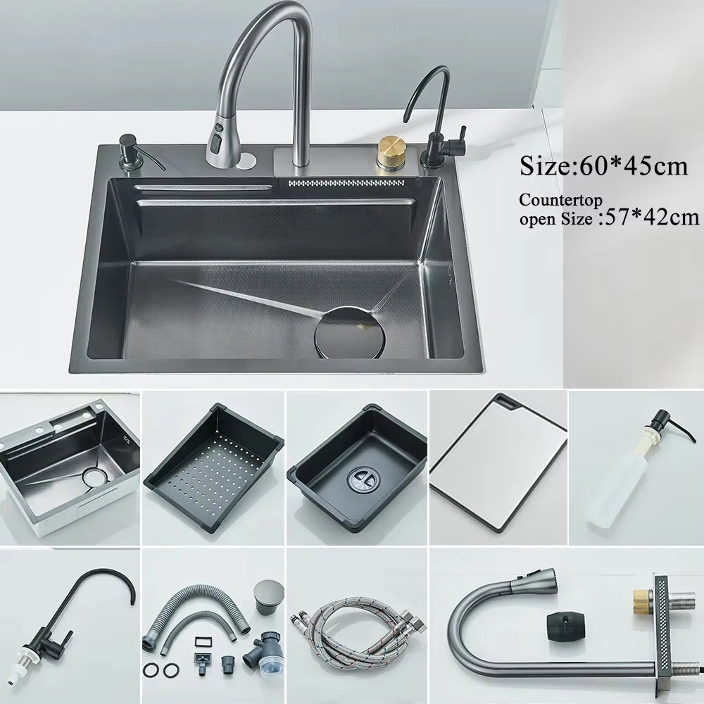 304 Stainless Steel Waterfall Kitchen Sink Integrated Digital Display Faucet