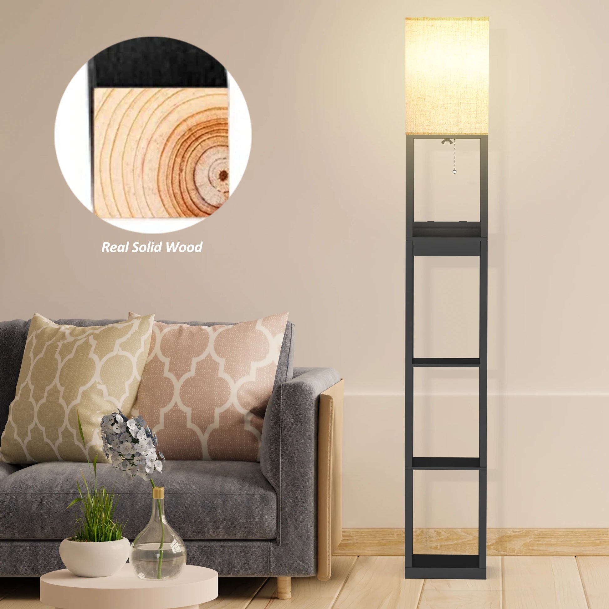 67" Column Floor Lamp With Shelves, Solid Wood, USB, Storage Drawer