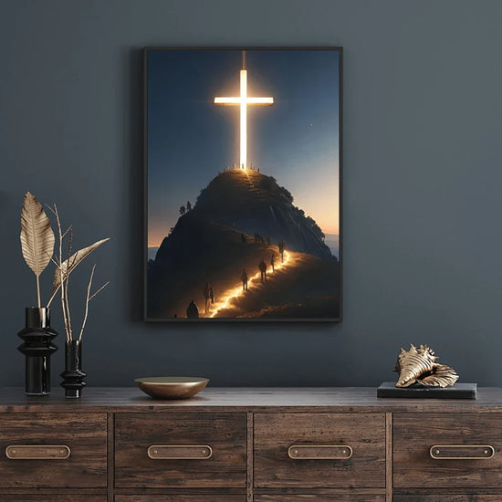 Modern Christian Cross on Top of The Mountain, Believers Ascending the Mountain, Poster For Home and  Church Decor