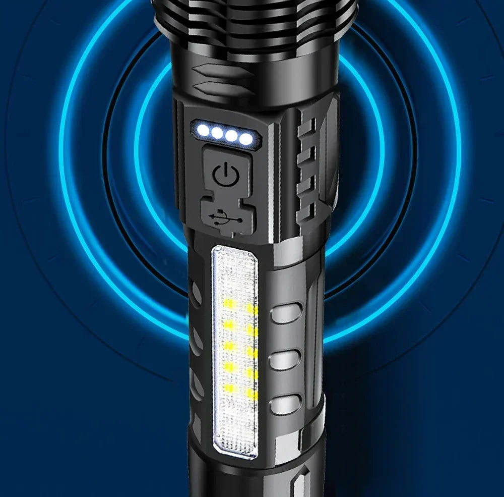Rechargeable LED Flashlight Zoomable Torch COB Side Led 7 Modes Waterproof High Power, Outdoor
