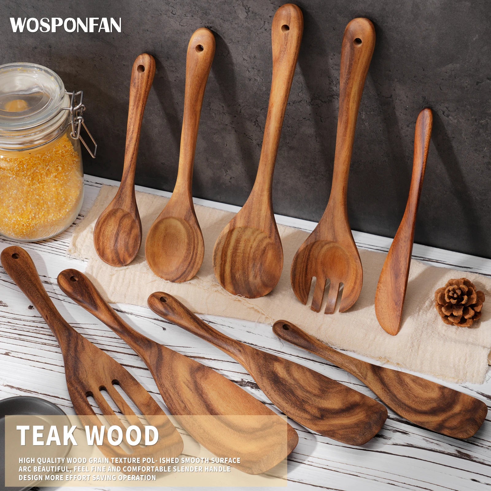 9 PCS Kitchen Utensils Set Wooden Hand Made