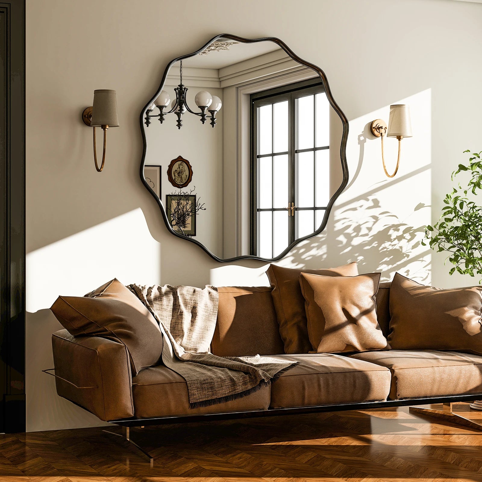 Wavy Round Mirror Decorative Wall Mirror with Deep Frame