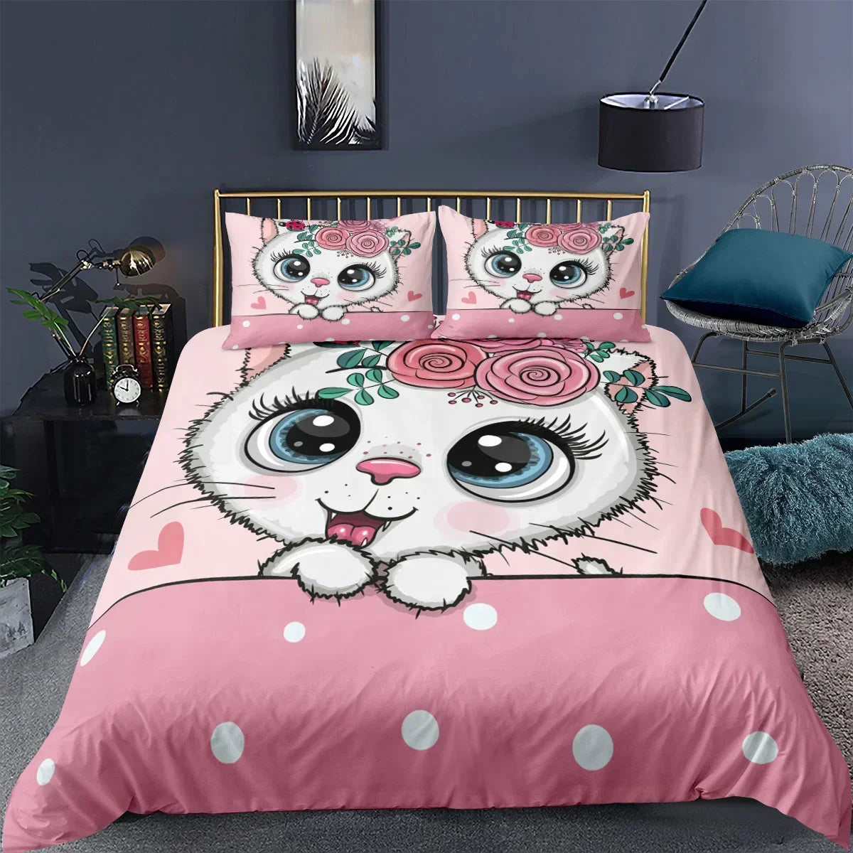 3PCS Single- Sided Printed Bedding Set, Cartoon Cat Duvet cover, Two Pillowcases