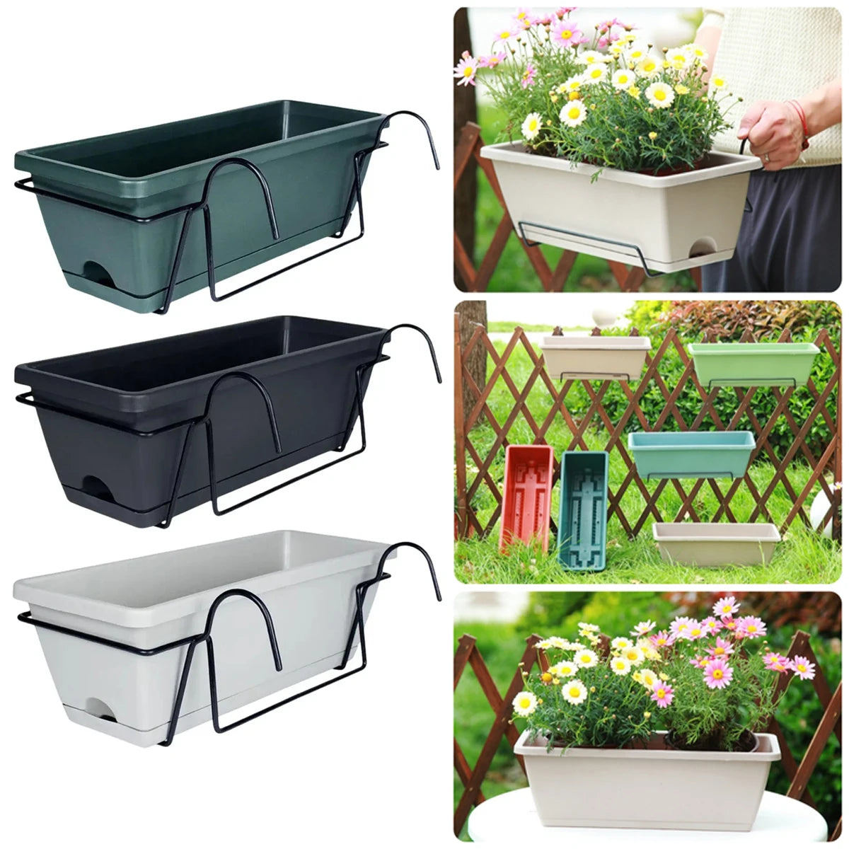 Balcony  Planter with Tray and Rack Plastic Garden Simple Rectangular long Pot Trough
