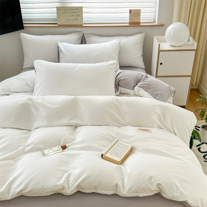 Cotton Waffle Jacquard Bedding Set, Duvet Cover with Zipper, Pillow Cases, Contrasting Color Super Soft