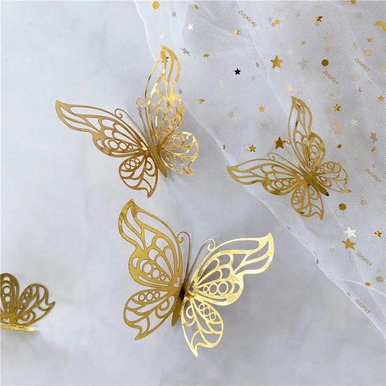 12Pcs/Set 3D Hollow Butterfly Wall Sticker Gold Silver Rose Wedding Decoration Home Decor Butterflies Decal Stickers