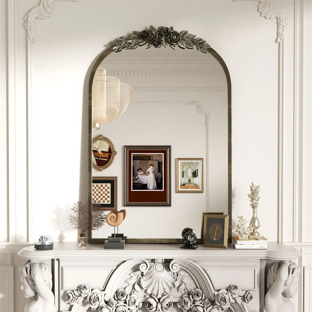Arched Antique Brass Wall Mirror, Pretty on Mantel, Entryway