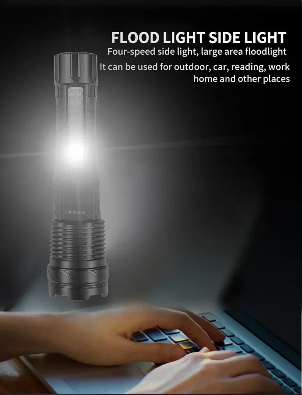 Rechargeable LED Flashlight Zoomable Torch COB Side Led 7 Modes Waterproof High Power, Outdoor
