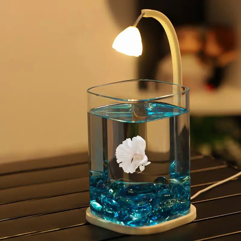 Small Fish Tank With Night Light and Green Crystals for Tank Bottom