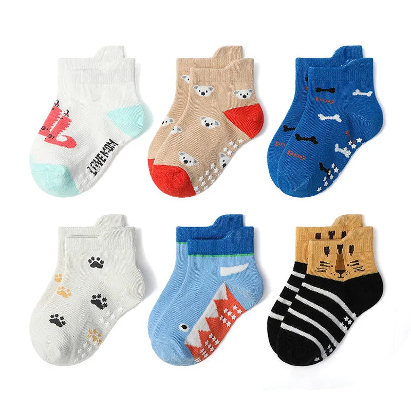 Kids Socks 6 Pairs Cartoon Animal Pattern Cotton Non-slip For Boys