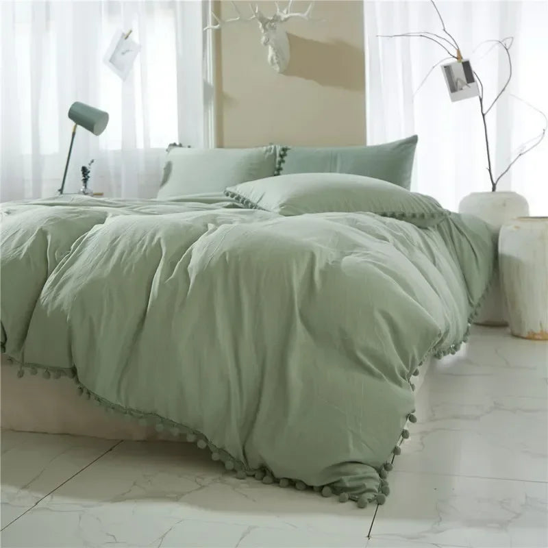 Solid Color Soft Washed Duvet Cover 3 Pieces Set Pillowcase Bedding Set for Twin Full Queen King Size Cute Pom-pom Decorative Edging