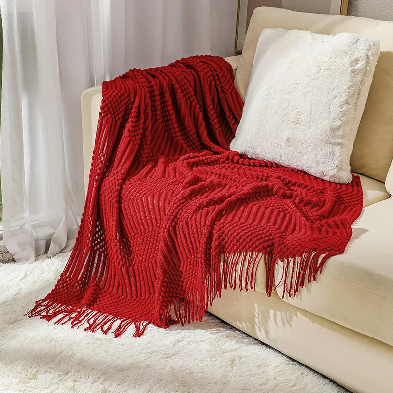 Khaki Knitted Throw/Blanket With Fringe Luxury Farmhouse