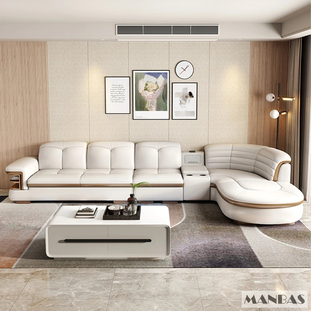 Luxury L-Shaped Genuine  Leather Sectional Sofa, USB, Bluetooth Speaker