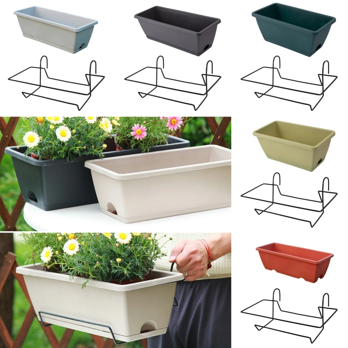 Balcony  Planter with Tray and Rack Plastic Garden Simple Rectangular long Pot Trough
