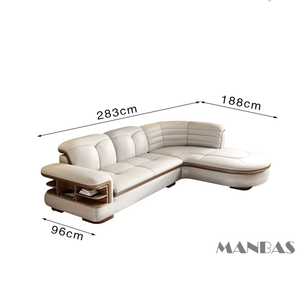 Luxury L-Shaped Genuine  Leather Sectional Sofa, USB, Bluetooth Speaker