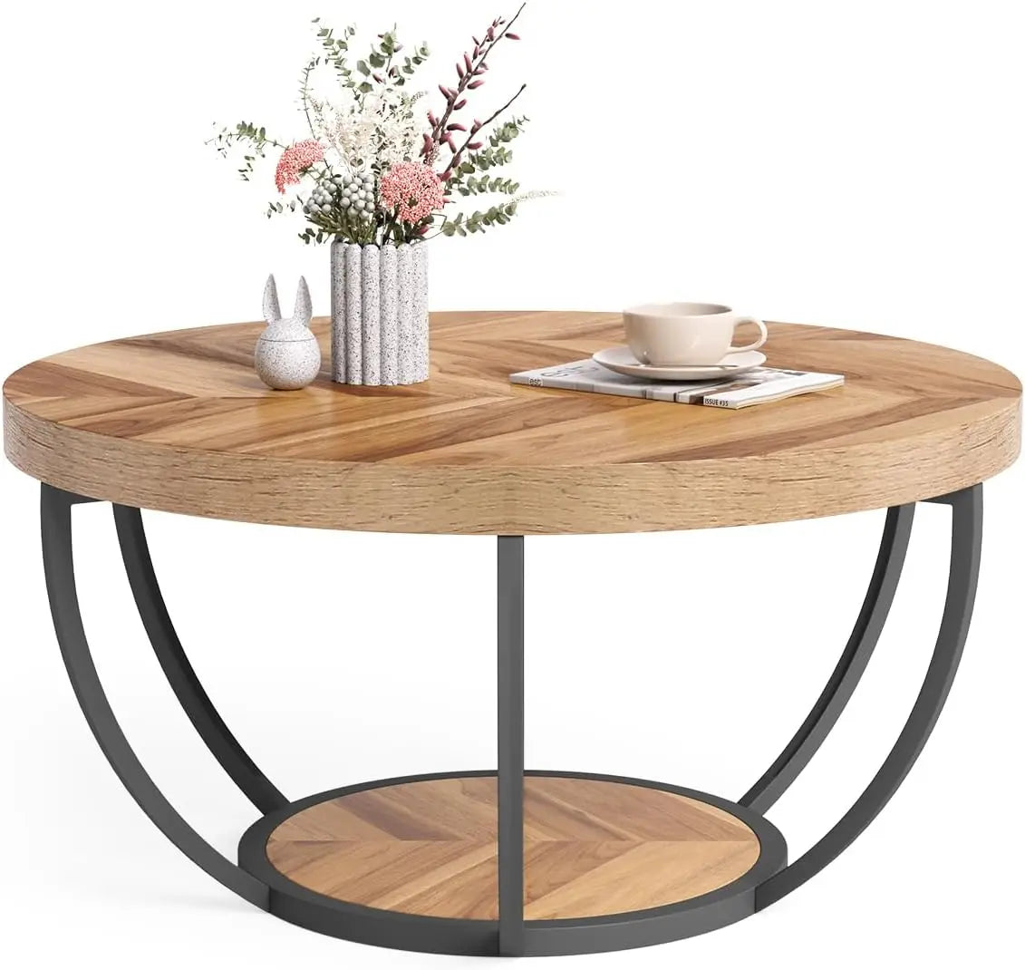 32" Circle Coffee Tables, 2-Tier Metal legs, With Open Storage
