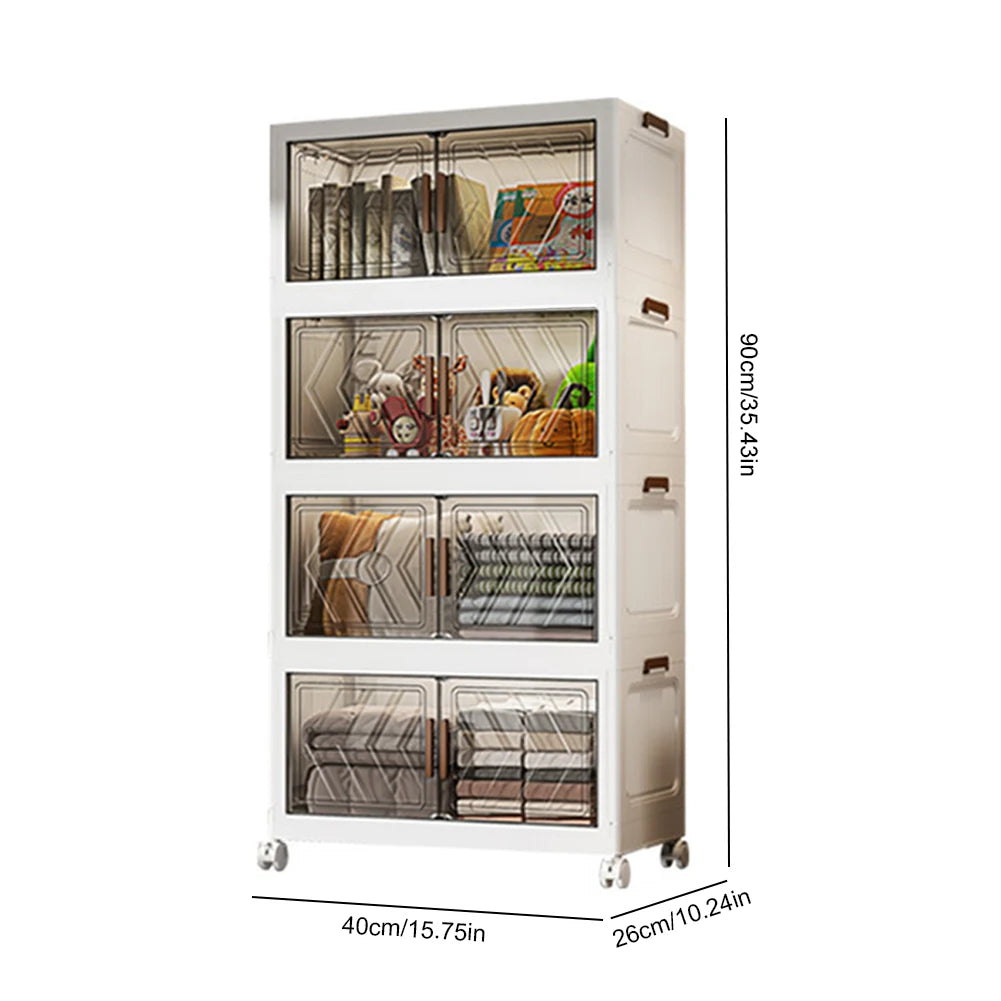 4 Tier Stackable Storage Bins With Lids, Doors, And Wheels. Foldable Organization