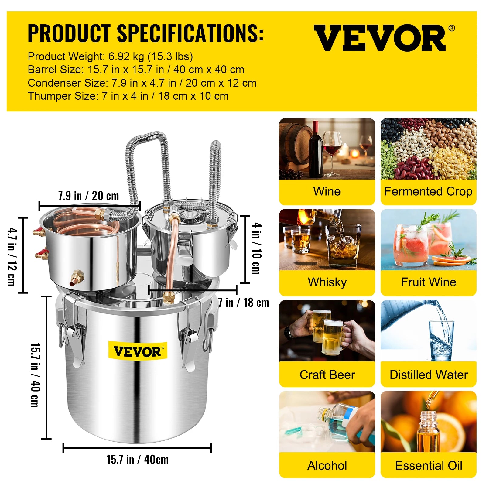 Stainless Steel Still, Whiskey, Beer, Brandy, 12L 20L 50L