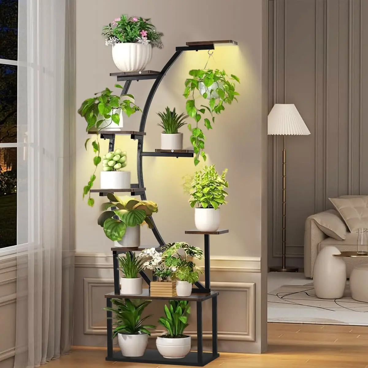 Black Plant Stand With Grow Light 9 Tiered
