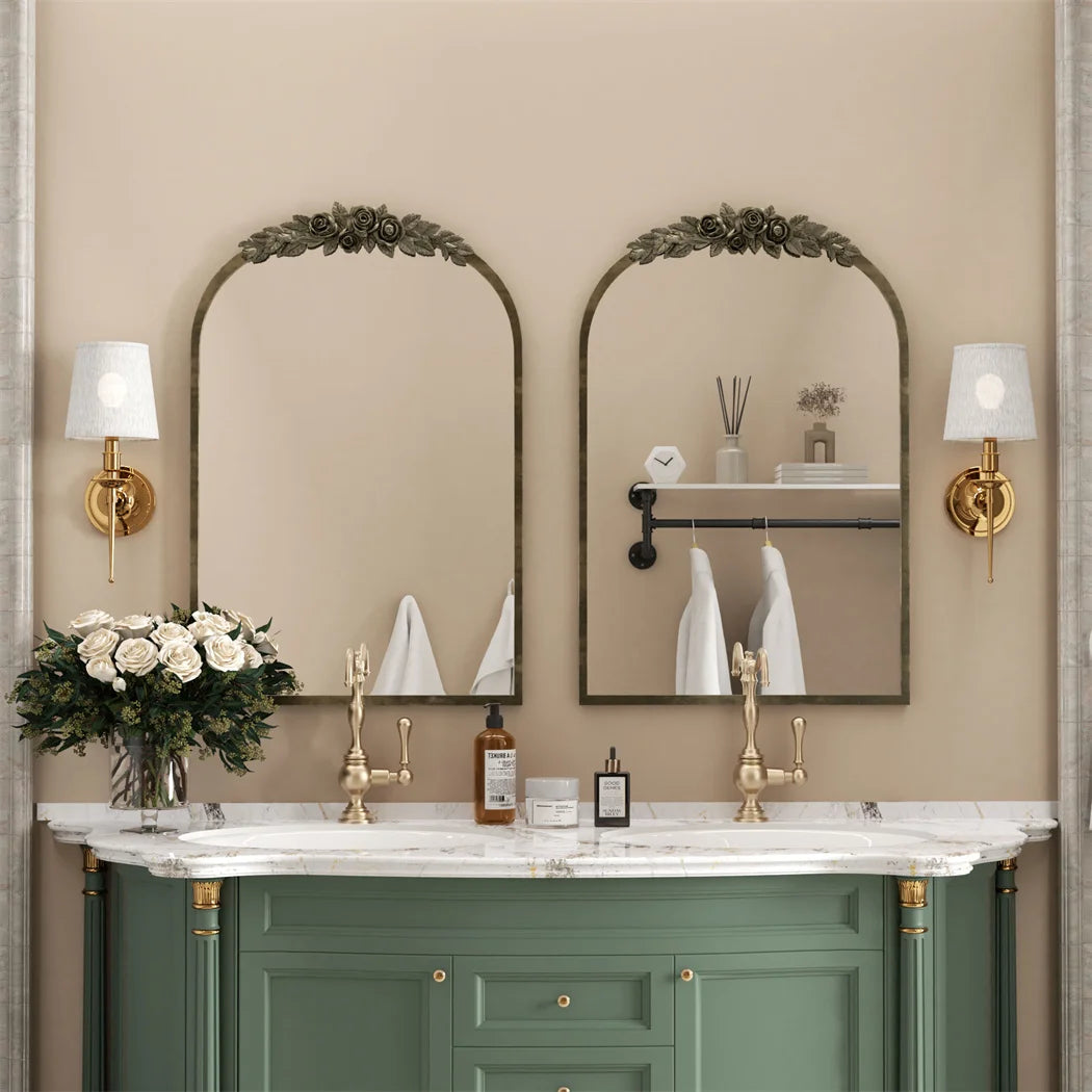 Arched Antique Brass Wall Mirror, Pretty on Mantel, Entryway