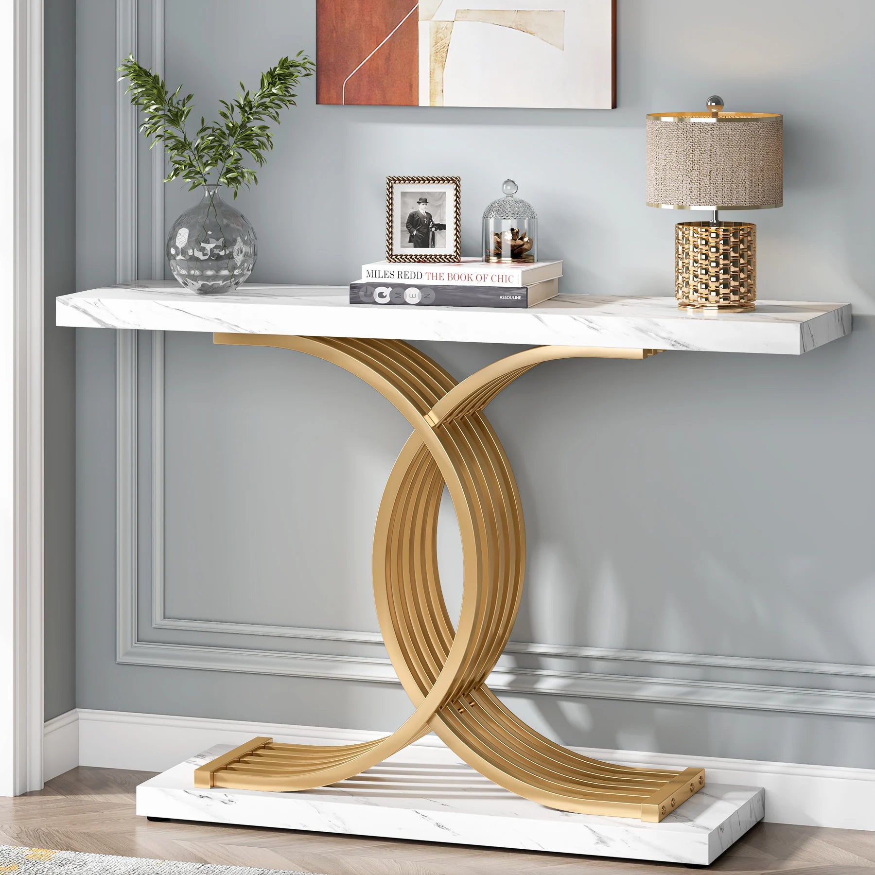 Tribesigns Entryway Table Faux Marble 39-Inch Console With Geometric Metal Legs