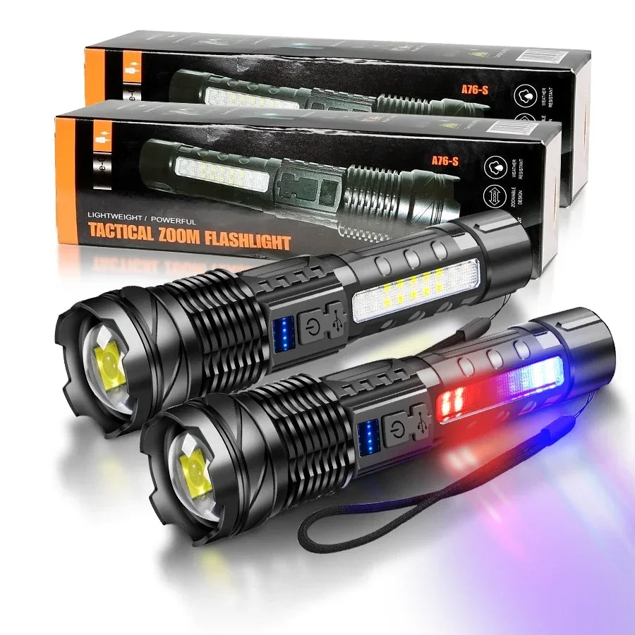 Rechargeable LED Flashlight Zoomable Torch COB Side Led 7 Modes Waterproof High Power, Outdoor