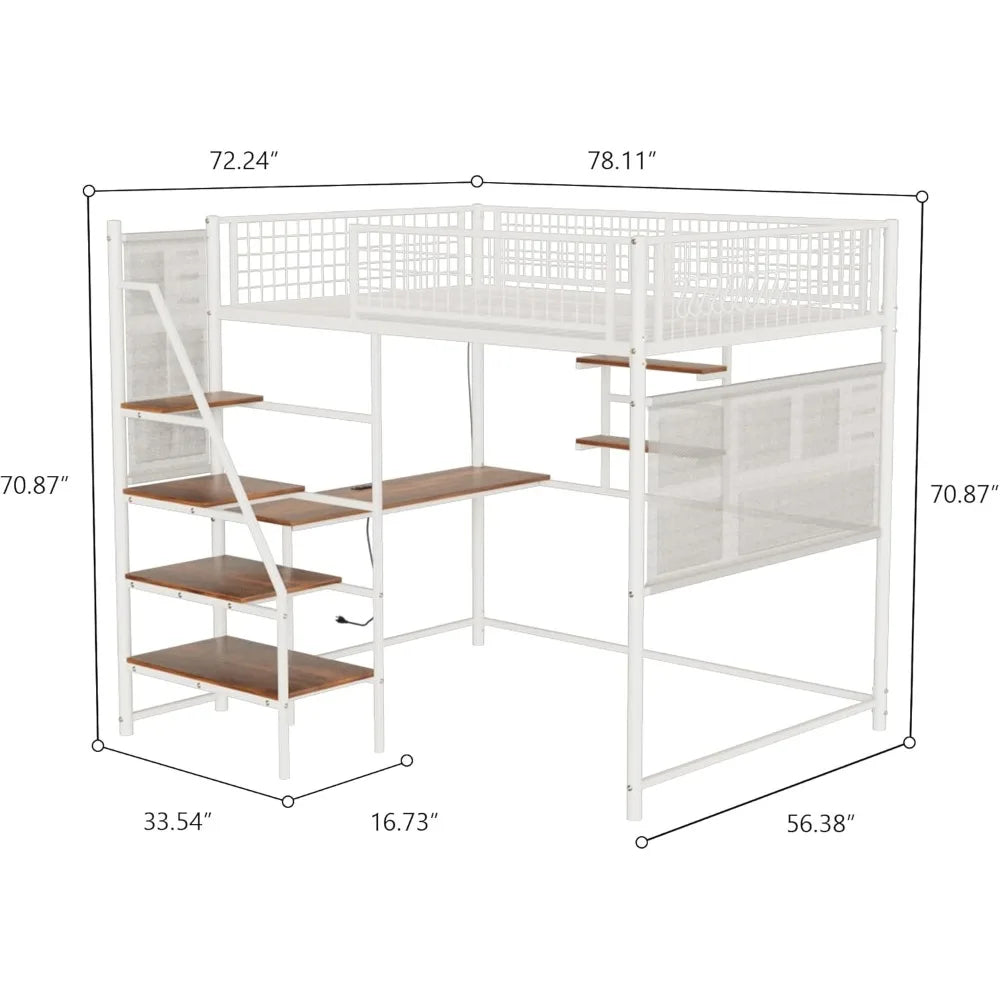 Metal Loft Bed Full Size, Metal frame, Staircase, Charging Station, LED lighting