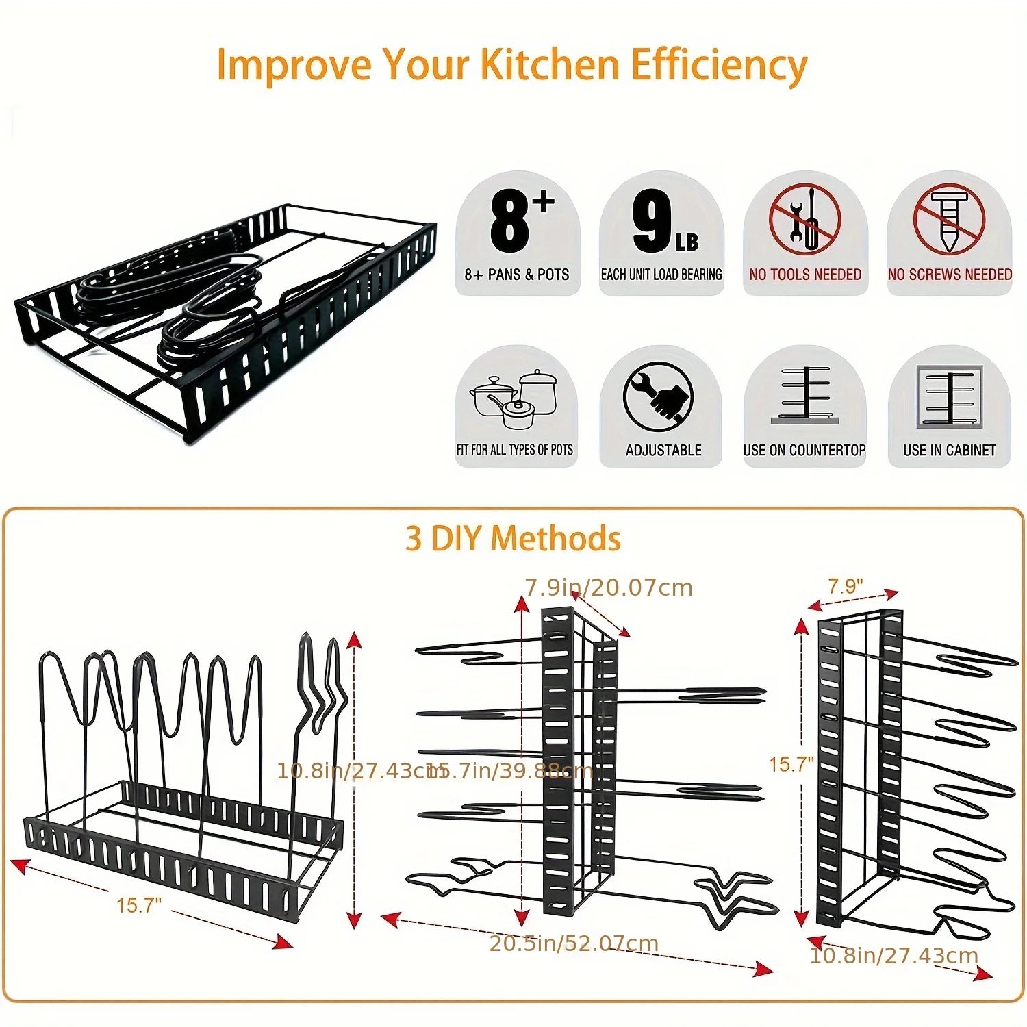 2 Pack Pot Rack Organizer And Storage Rack, Adjustable Pot Lid Holder and Pan Holder