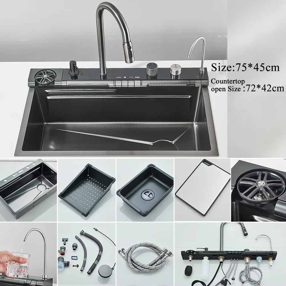 304 Stainless Steel Waterfall Kitchen Sink Integrated Digital Display Faucet