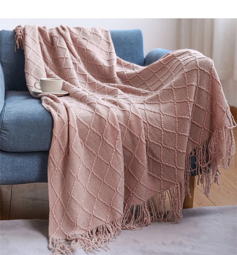 Khaki Knitted Throw/Blanket With Fringe Luxury Farmhouse