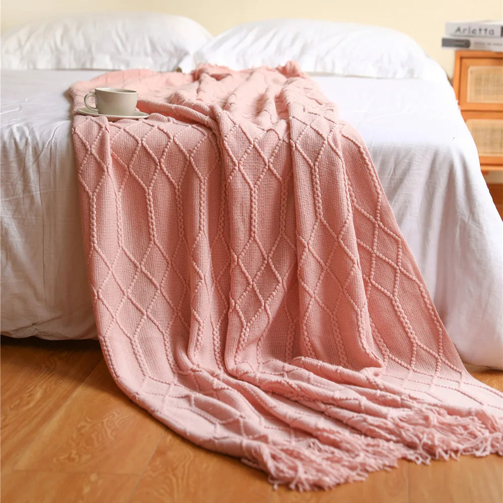 Khaki Knitted Throw/Blanket With Fringe Luxury Farmhouse