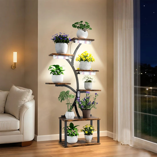7 Tiered Plant Stand Branch Shape Metal Flower Display Rack with LED Grow Lights