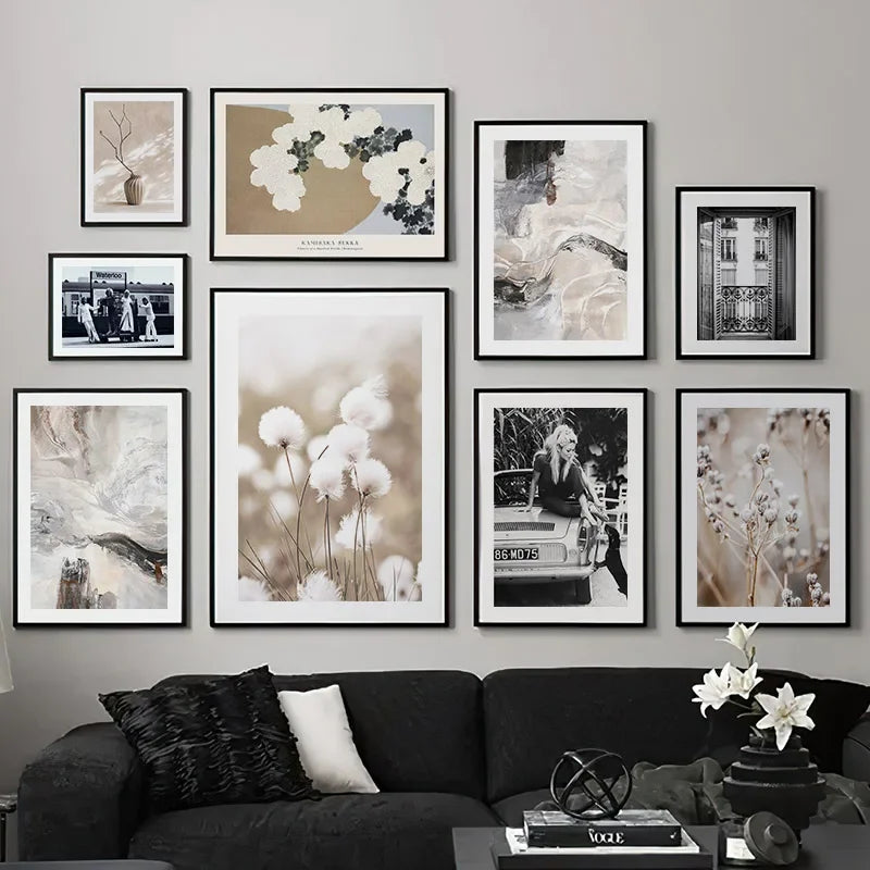 Wall Art Beige White Flower, Abstract Geometry Prints, Poster Canvas Painting