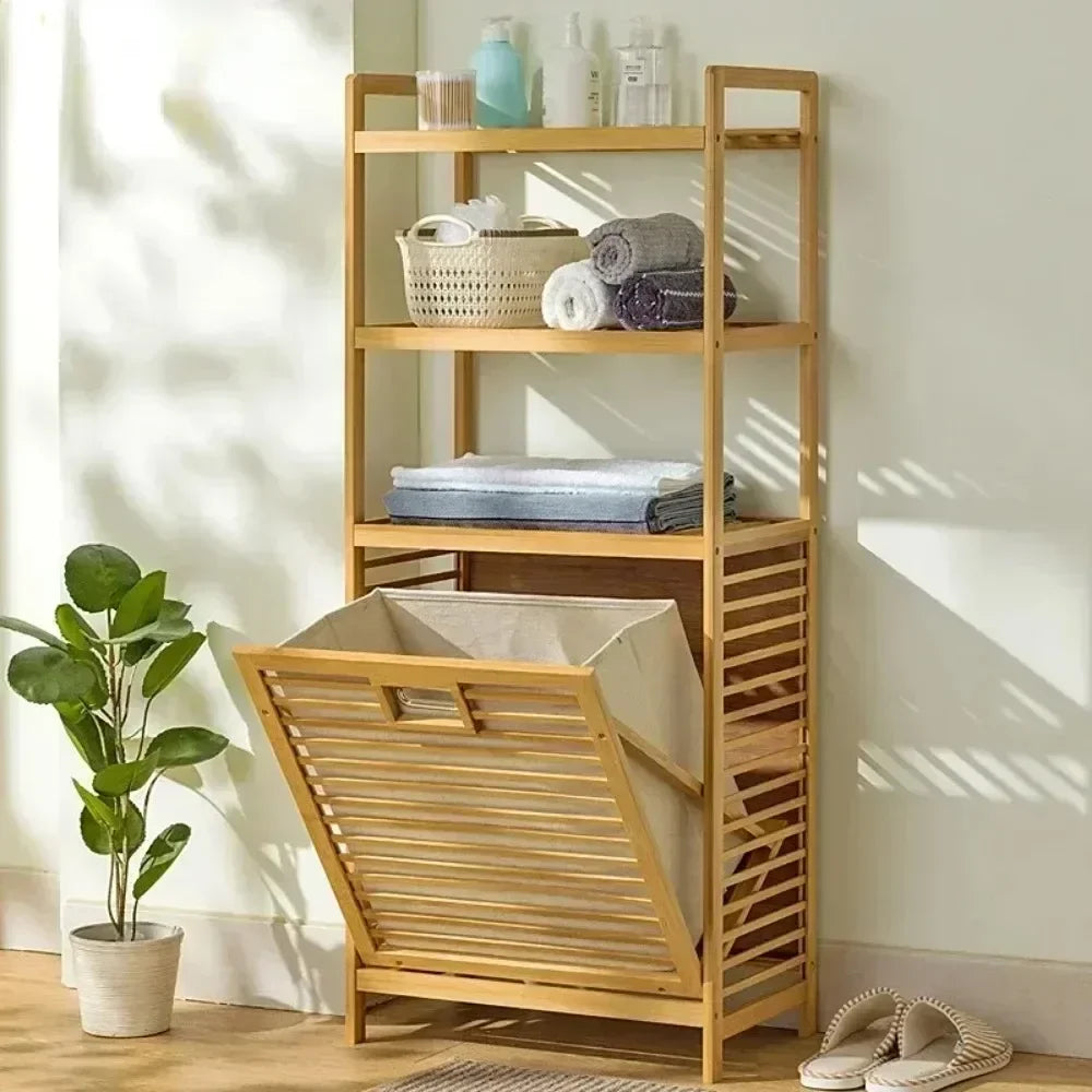 Wood Vein Weaving Laundry Hamper, Multi-Function Hamper, and shelves