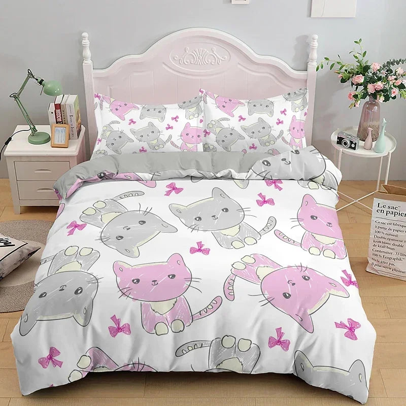 3PCS Single- Sided Printed Bedding Set, Cartoon Cat Duvet cover, Two Pillowcases