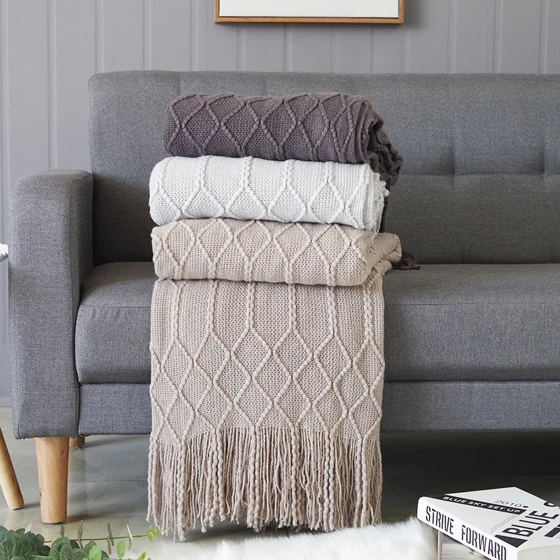 Nordic Knitted Throw Blanket with Fringe Luxury Bed or Sofa