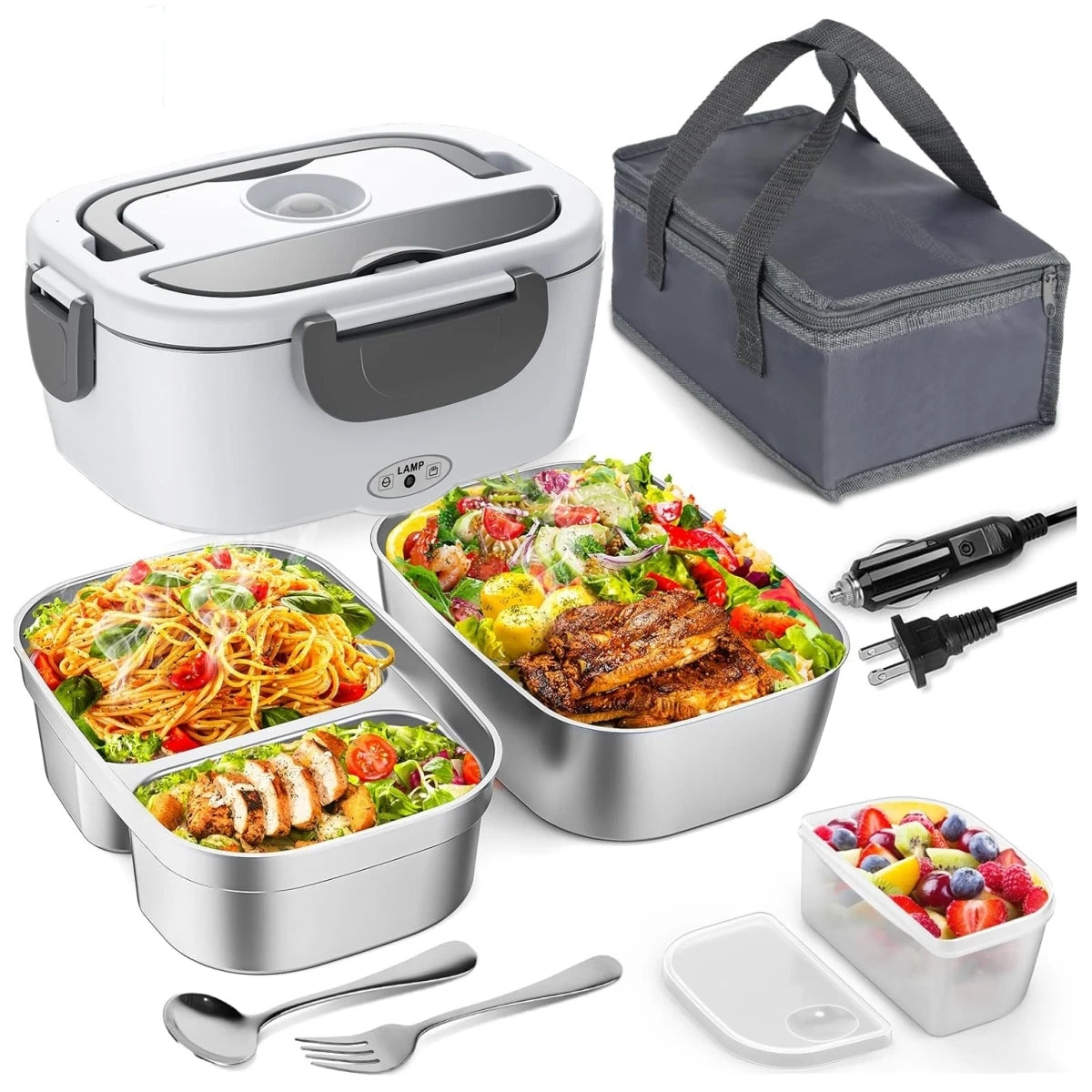 Electric Lunch Box for Adults-60W Fast Heated Lunch Box for Men & Women with Dual 1.5LStainless Steel Containers Fast Heating Portable