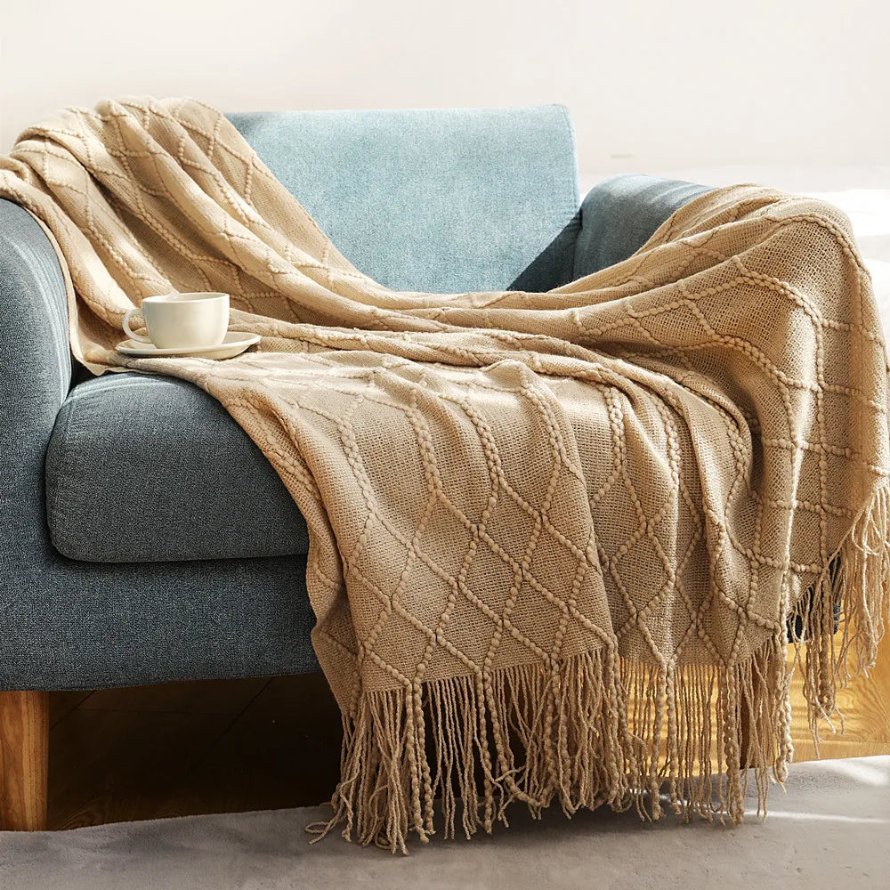 Khaki Knitted Throw/Blanket With Fringe Luxury Farmhouse