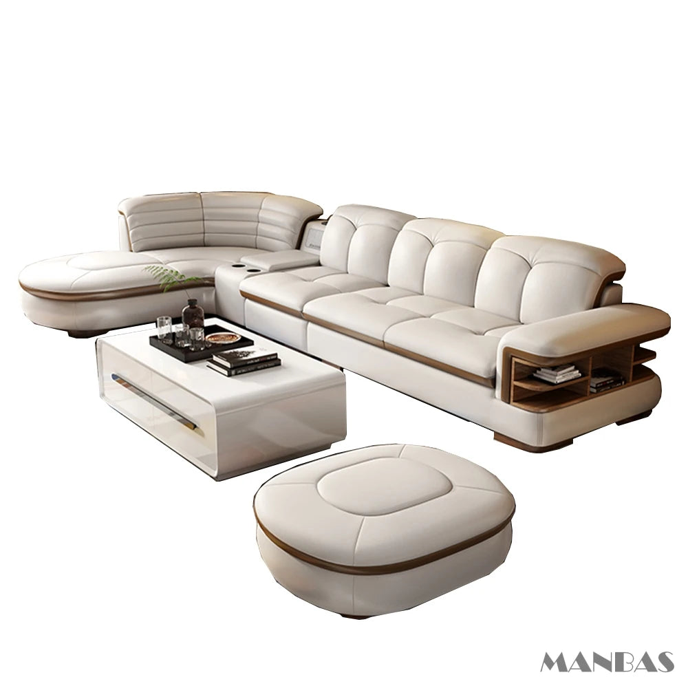 Luxury L-Shaped Genuine  Leather Sectional Sofa, USB, Bluetooth Speaker
